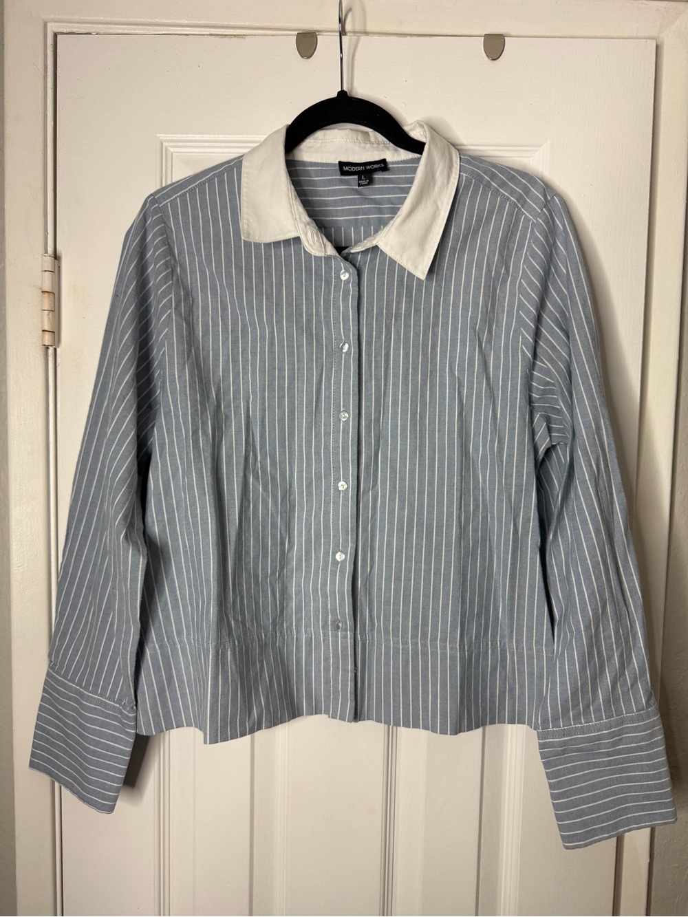 Modern Works Blue Pinstripe Boxy Button-Down Shirt with White Collar